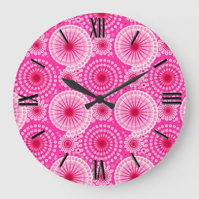 Starbursts and pinwheels, fuchsia pink & maroon large clock (Front)