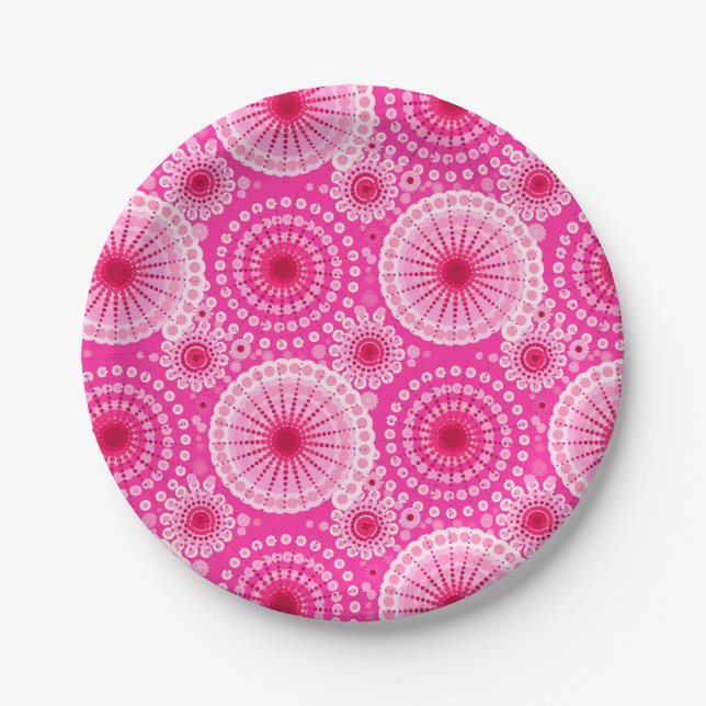 Starbursts and pinwheels, fuchsia pink & maroon paper plates (Front)