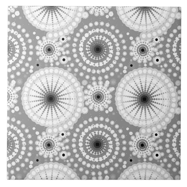 Starbursts and pinwheels, grey, black and white ceramic tile (Front)