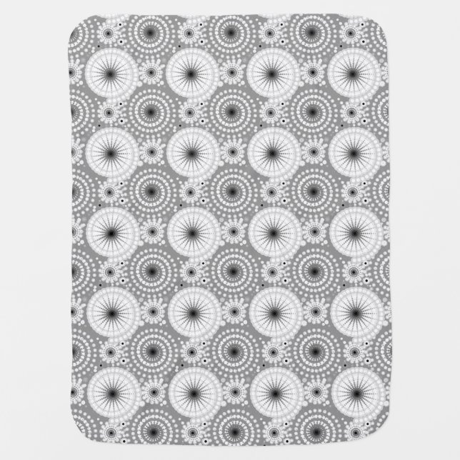 Starbursts and pinwheels, grey, black and white stroller blanket (Front)