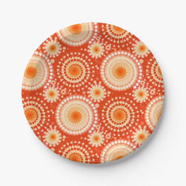 Starbursts and pinwheels, mandarin orange paper plates (Front)