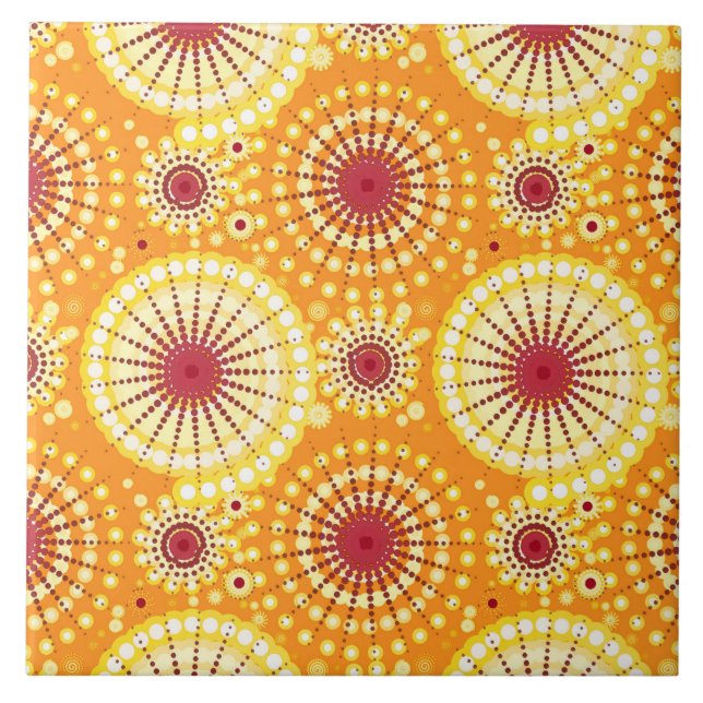 Starbursts and pinwheels, saffron and raisin ceramic tile (Front)