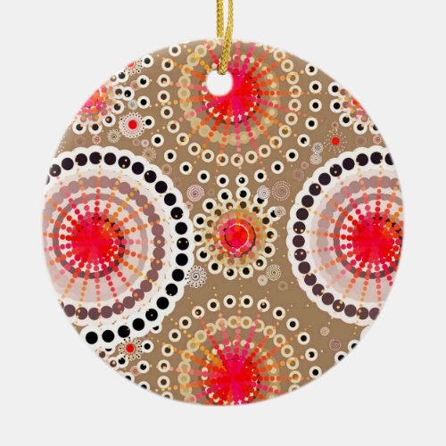 Starbursts and pinwheels taupe red white ceramic ornament