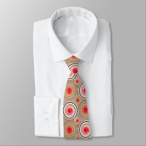 Starbursts and pinwheels taupe red white neck tie