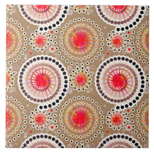 Starbursts and pinwheels, taupe, red, white tile