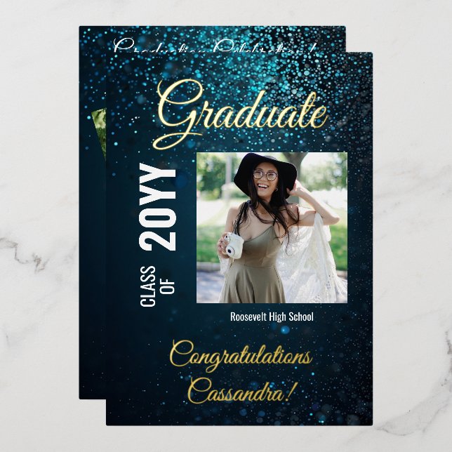 Stardust Blue Modern Square Photo Graduation Party Foil Invitation (Front/Back)