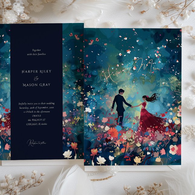 Stardust Whisper - Burgundy & Navy Floral Wedding Invitation (Creator Uploaded)