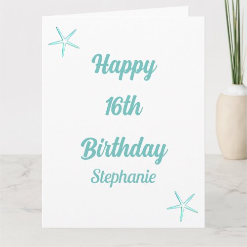 Starfish 16th Birthday Sixteen Teal Blue Name 2024 Card