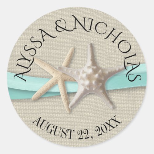 Starfish and Aqua Ribbon Classic Round Sticker