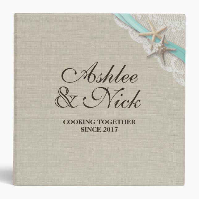 Starfish and Aqua Ribbon Printed Recipe 3 Ring Binder (Front)