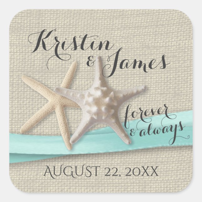 Starfish and Aqua Ribbon Square Sticker (Front)