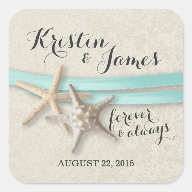 Starfish and Aqua Ribbon Square Sticker (Front)