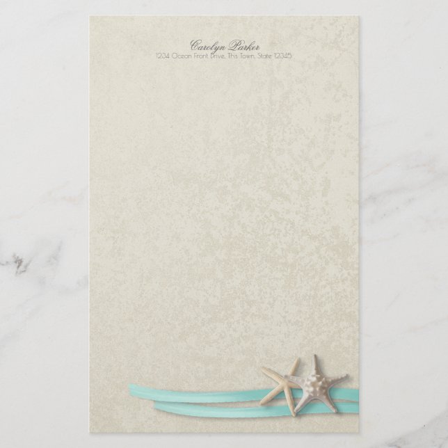 Starfish and Aqua Ribbon Stationery (Front)