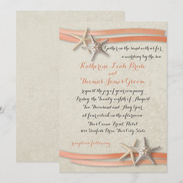 Starfish and Beach Coral Ribbon Invitation (Front/Back)