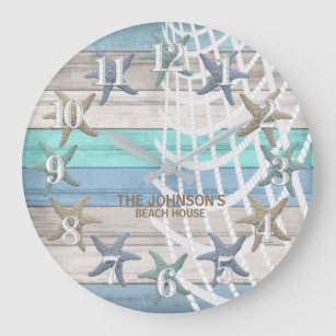 Starfish and Beach Wood Nautical - Blue Teal  Large Clock