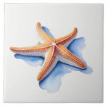 Starfish and Blue Silhouette Ceramic Tile<br><div class="desc">An illustration of an orange starfish on its blue silhouette. Watercolor drawing.

It can be a good illustration to use on your tiles,  especially if you like the illustration too!</div>