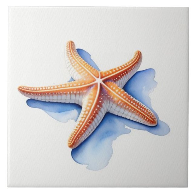 Starfish and Blue Silhouette Ceramic Tile (Front)