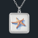 Starfish and Blue Silhouette Silver Plated Necklace<br><div class="desc">An illustration of an orange starfish that seems to relax on its blue silhouette. Watercolor drawing.

It can be a good illustration to use on your necklace,  especially if you like the illustration too!</div>