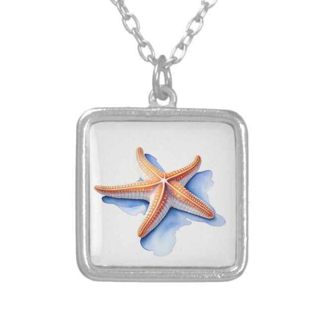 Starfish and Blue Silhouette Silver Plated Necklace (Front)