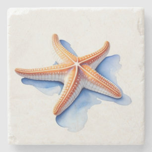 Starfish and Blue Silhouette Stone Coaster