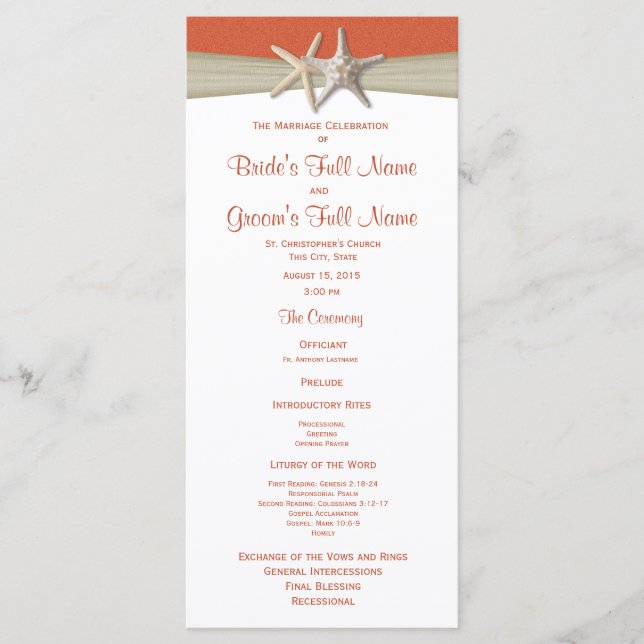 Starfish and Burlap Beach Wedding Program (Front)