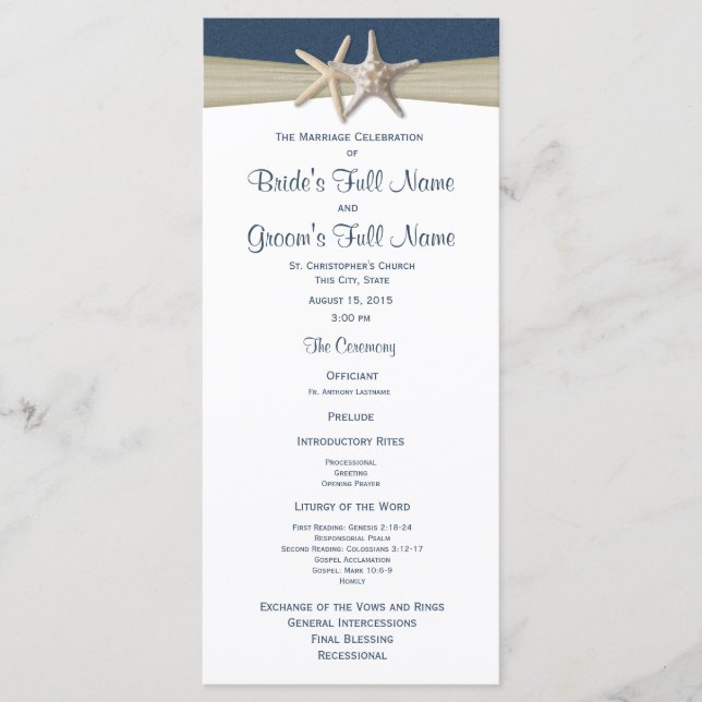 Starfish and Burlap Blue Beach Wedding Program (Front)