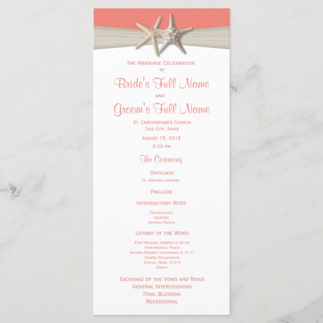 Starfish and Burlap Coral Beach Wedding Program (Front)