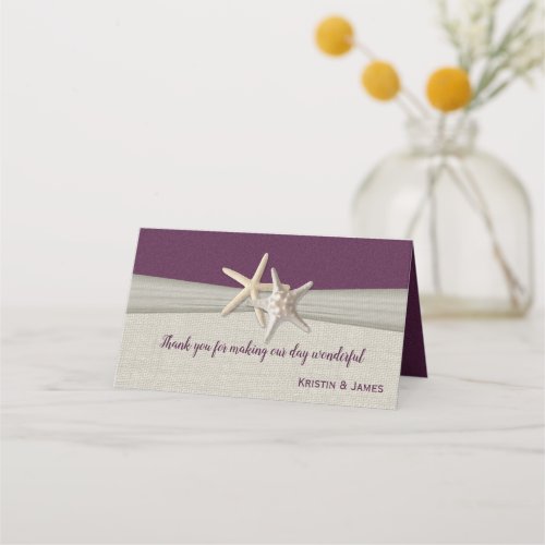Starfish and Burlap Eggplant Wedding Seating Place Card