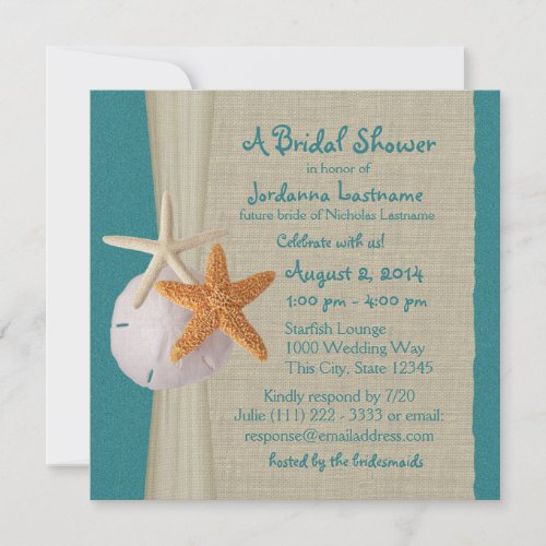 Starfish and Burlap Look Teal Bridal Shower Personalized Invites