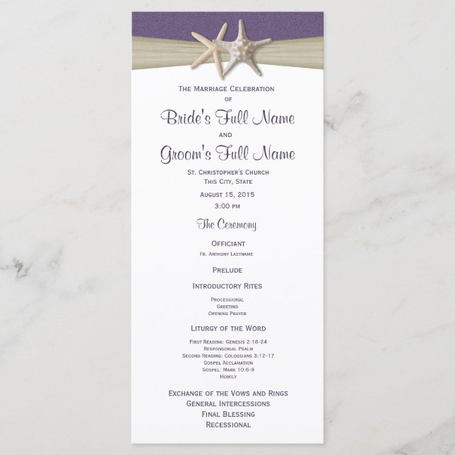 Starfish and Burlap Purple Beach Wedding Program (Front)