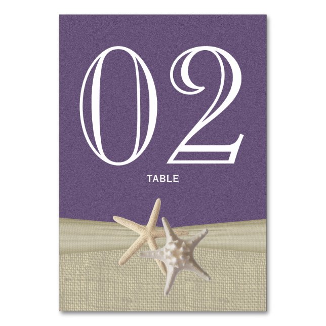 Starfish and Burlap Purple Table Number Card (Front)