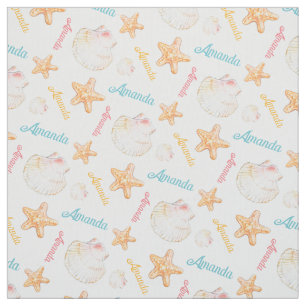 Starfish and clam shells pink blue yellow fabric