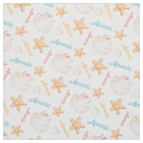 Starfish and clam shells pink blue yellow fabric