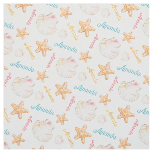 Starfish and clam shells pink blue yellow fabric