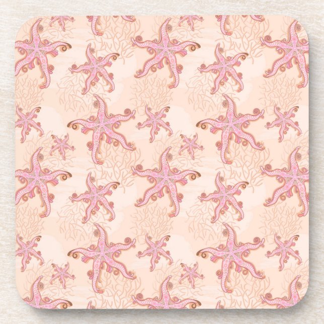Starfish and Coral Pink Pastel Pattern Beverage Coaster (Front)
