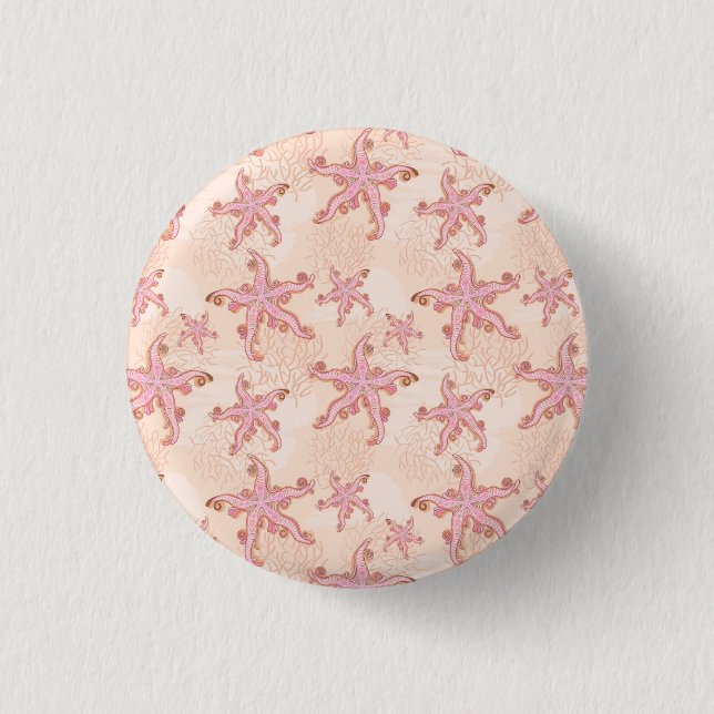Starfish and Coral Pink Pastel Pattern Button (Front)
