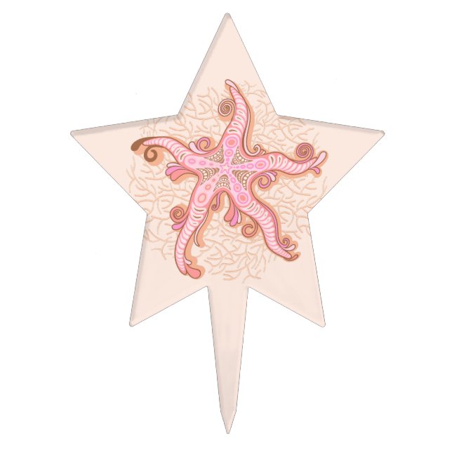 Starfish and Coral Pink Pastel Pattern Cake Topper (Front)