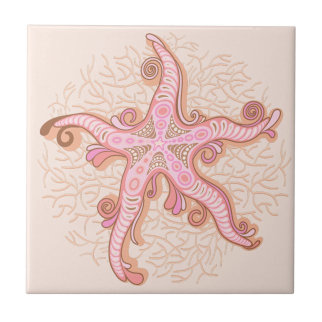 Starfish and Coral Pink Pastel Pattern Ceramic Tile (Front)