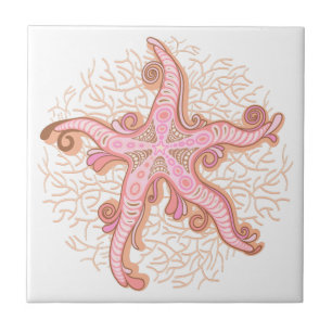 Starfish and Coral Pink Pastel Pattern Ceramic Tile