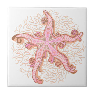 Starfish and Coral Pink Pastel Pattern Ceramic Tile