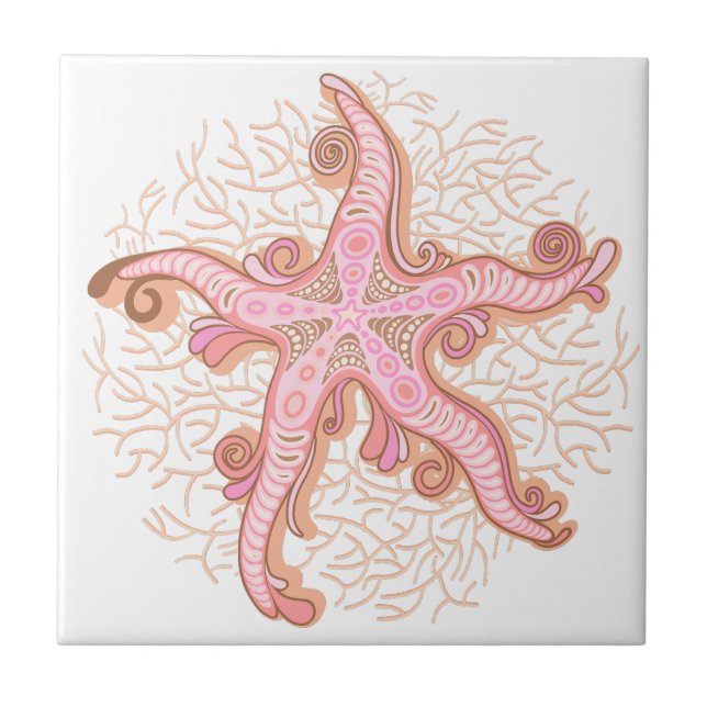 Starfish and Coral Pink Pastel Pattern Ceramic Tile (Front)