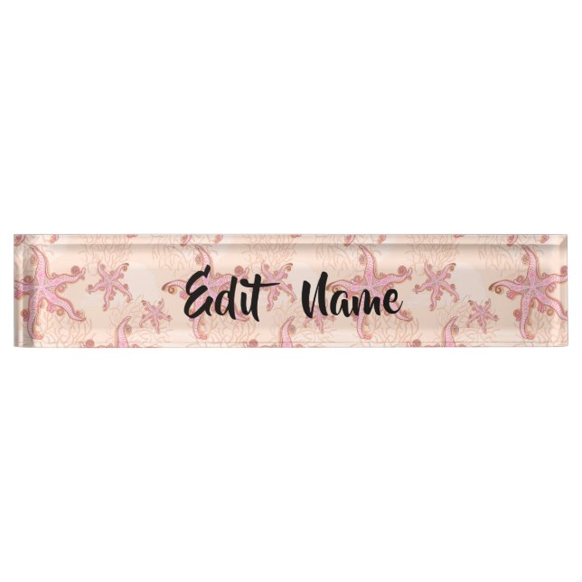 Starfish and Coral Pink Pastel Pattern Desk Name Plate (Front)