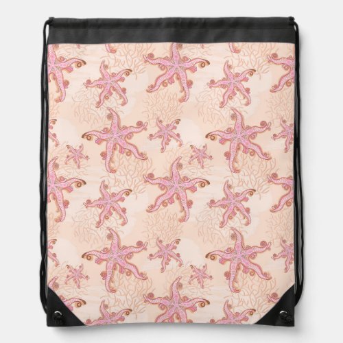 Starfish and Coral Pink Pastel Pattern Drawstring Bag