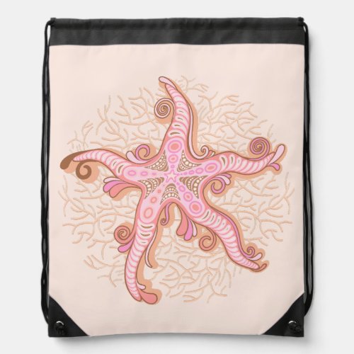 Starfish and Coral Pink Pastel Pattern Drawstring Bag