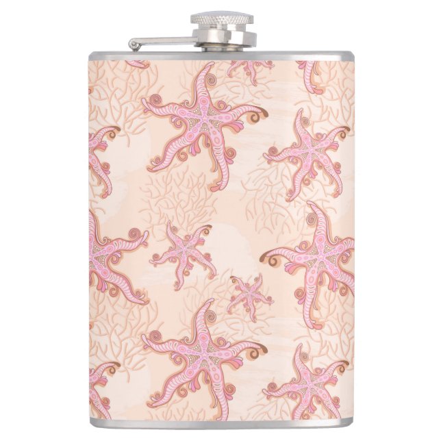 Starfish and Coral Pink Pastel Pattern Flask (Front)