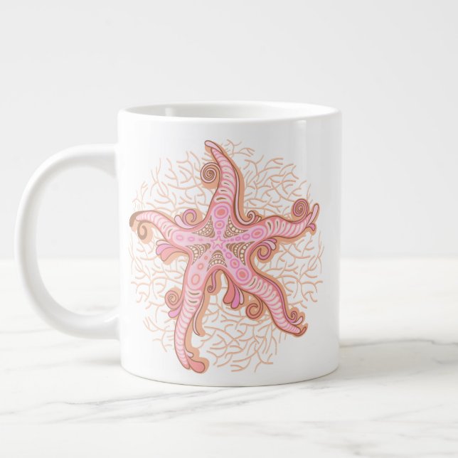 Starfish and Coral Pink Pastel Pattern Giant Coffee Mug (Left)