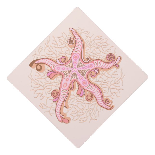 Starfish and Coral Pink Pastel Pattern Graduation Cap Topper (Front)