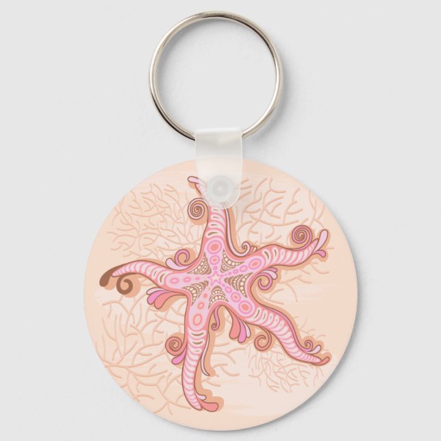 Starfish and Coral Pink Pastel Pattern Keychain (Front)
