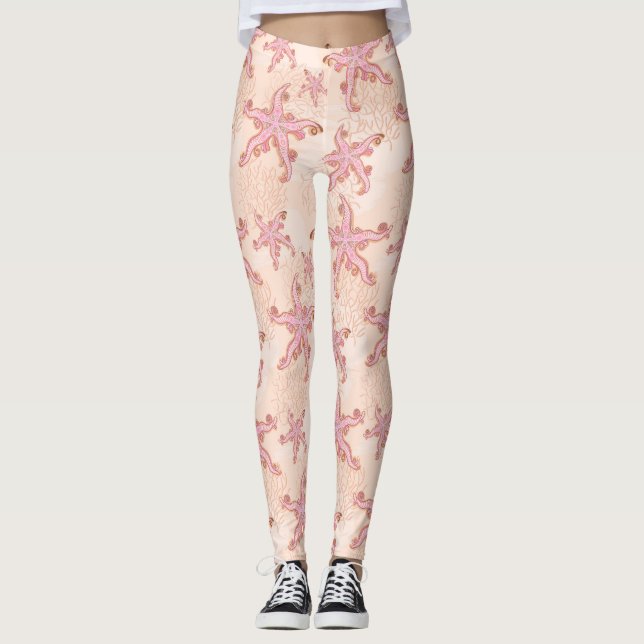 Starfish and Coral Pink Pastel Pattern Leggings (Front)