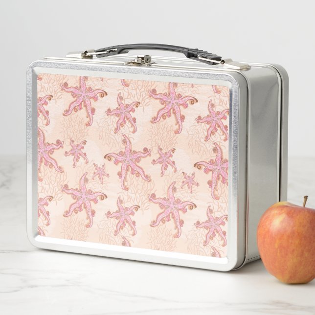 Starfish and Coral Pink Pastel Pattern Metal Lunch Box (In Situ)